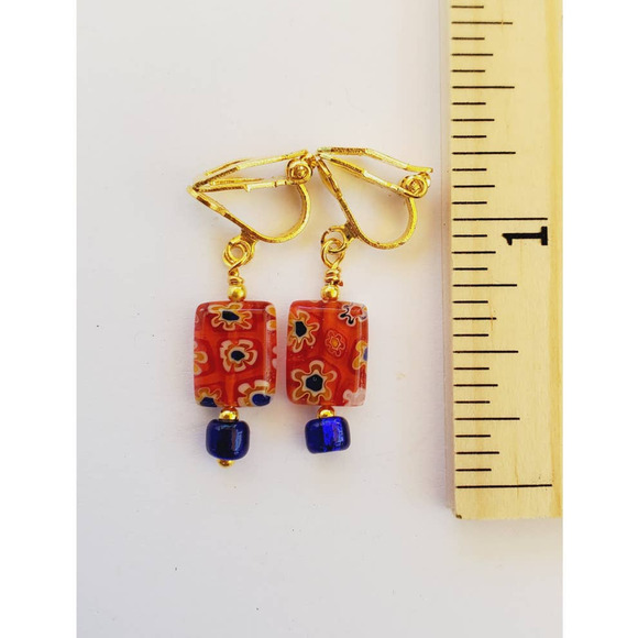 Clip On Orange and Blue Millefiori Earrings 1 Inch Gold Tone Findings Handmade - Picture 2 of 2